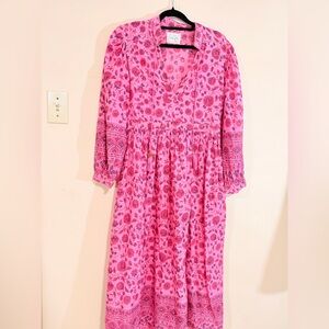 Dilli Grey Pink Floral Organic Cotton Midi Dress | L